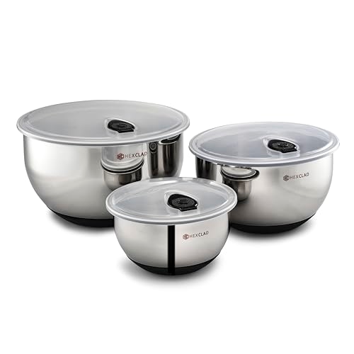 HexClad Stainless Steel Mixing Bowl Set, 3-Piece with Vacuum Seal Lids and Non-Slip Base, ... HexClad Stainless Steel Mixing Bowl Set, 3-Piece with Vacuum Seal Lids and Non-Slip Base, ...