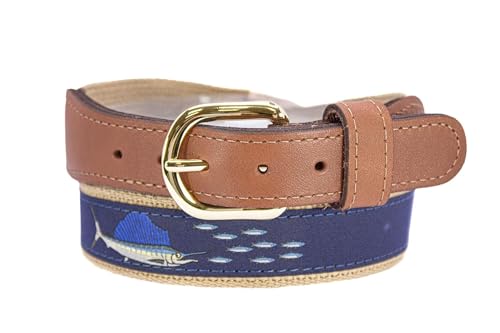 ZEP-PRO Sailfish Men's Woven Ribbon Belt – Repeating Game Fish Ribbon With Tan Full Grain Leather Tabs – 1.25