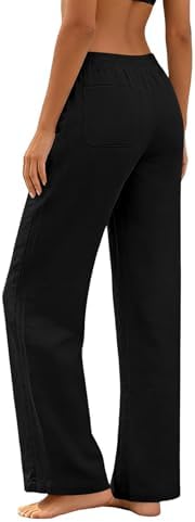 Linen Pants for Women Summer Straight Leg Loose Casual Pants Lightweight Comfy Drawstring Trousers with Pockets Black - 2