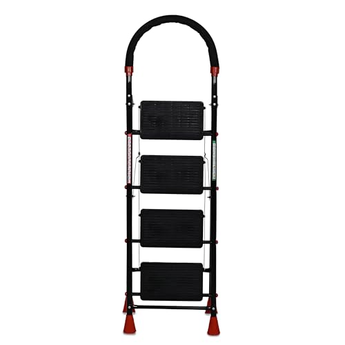 Image of FLIPZON Halo Foldable 4 Step Ladder for Home and Office Use | Alloy Steel | Wide Steps | Wobble-Free | Skid-Free Steps | Durable Safety Ladder | Rust Free | Anti-Skid (Black)