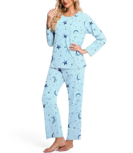 Image of ENJOYNIGHT Womens Pajama Set Cotton Pjs Long Sleeve Sleepwear with Pockets | Two Piece Crew Neck Sleep Set, Elastic Waist Long Pant, Lightweight Loungewear