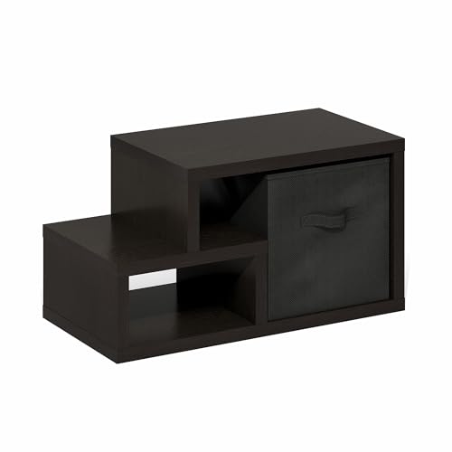 Image of Furinno Viola 2-Tier Storage Shelf, Horizontal Display Rack, Dark Oak | with Drawer Bin, Extra Thick Frame Bookshelf, Open Back, for Organization, Living Room, Home Office