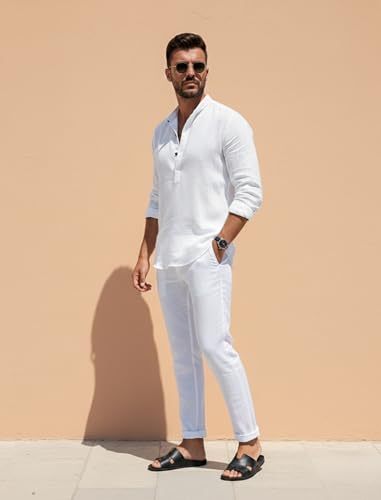 Image of Men's Cotton Blend Straight Kurta Shirt with Mandarin Collar - Slim Fit Casual Short Kurti Featuring Textured Slub Fabric and Roll-Up Full Sleeves
