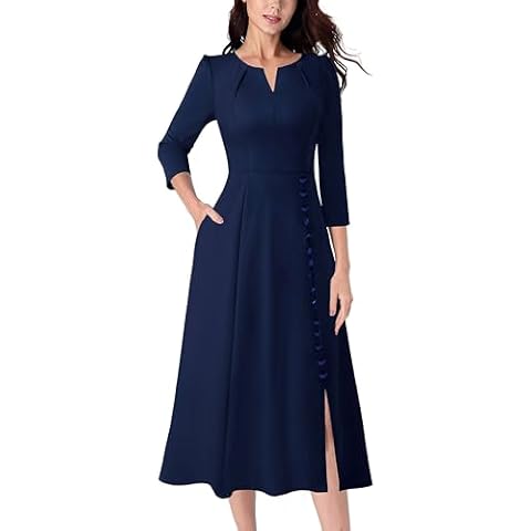 VFSHOW Womens 2024 Pleated Notch Neck Front Slit Buttons Pockets Office Business Work Slim Fit A-line Fit and Flare Midi Dress (Blue, Medium) 10835 BLU M Cover