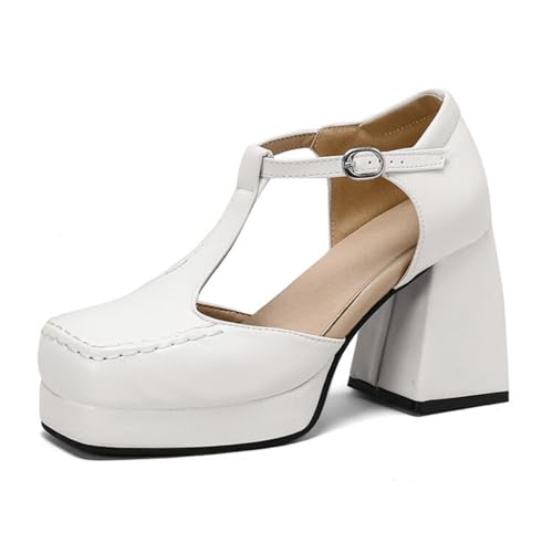 Women's T Strap Platform Mary Jane Pumps Square Toe Closed Chunky Heels Block Hollow Ankle Strap Buckle Wedding Evening Party Prom Dress Shoes