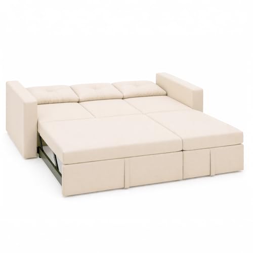 Image of FURNY Tira 4 Seater RHS Lounger Sofa Cum Bed (Cream) with Pull-Out Function | Luxury Velvet Suede Finish | Durable Comfort | Ideal for Living Room