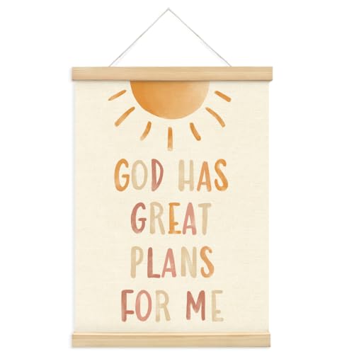 Image of PLKMN Christian Nursery Wall Decor, God Has Great Plans for Me Wall Art with Wooden Poster Hanger, Boho Sun Christian Wall Decor for Nursery Kids Room Sunday School Preschool Classroom, 12x16 Inch