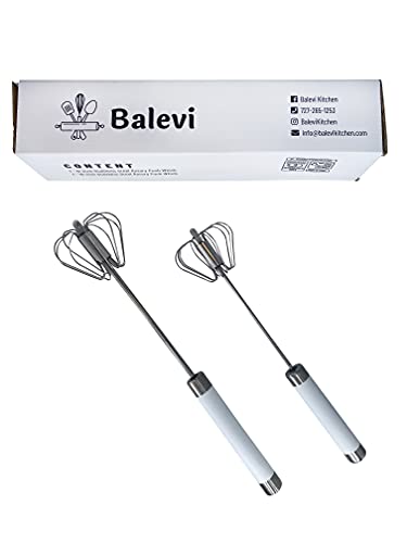 Balevi Stainless Steel Push Whisk - Easy To Use Manual Hand Mixer & Plunger Whisk - Make Froth, Foam & Whipped Cream - Semi Auto Egg Beater Plastic Tip Won’t Scratch Pans (2 Pack 10In & 12In) White #TOP3