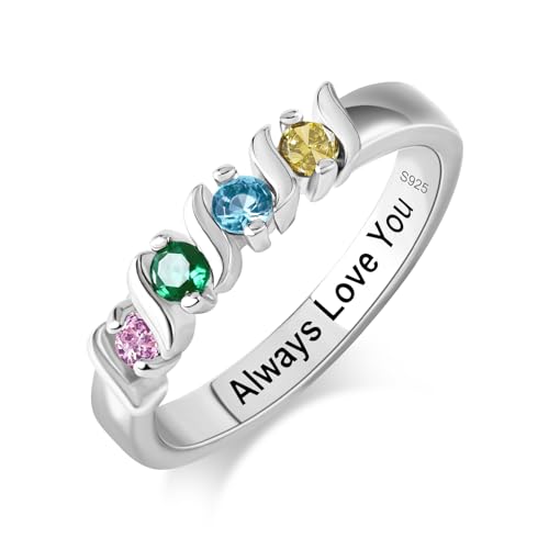 S925 Sterling Silver Personalized Mother Ring with 2-6 Birthstones & Name Engraving Custom Promise Rings for Women Birthstone Ring for Mom Grandma Wife Mother's Day Rings Gift
