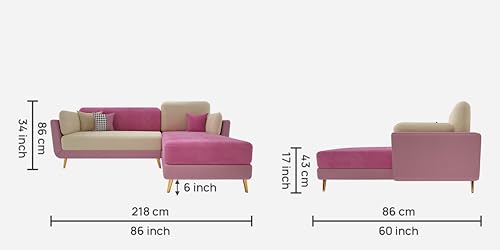 Image of Sixpine Luxury Dual Color Upholstery Lounger LHS Sofa in Premium Velvet | Solid Wood Structure | Sturdy Golden Legs | High Density Foam | Extra Comfort for Modern Living Room (Pink & Beige, 4 Seater)