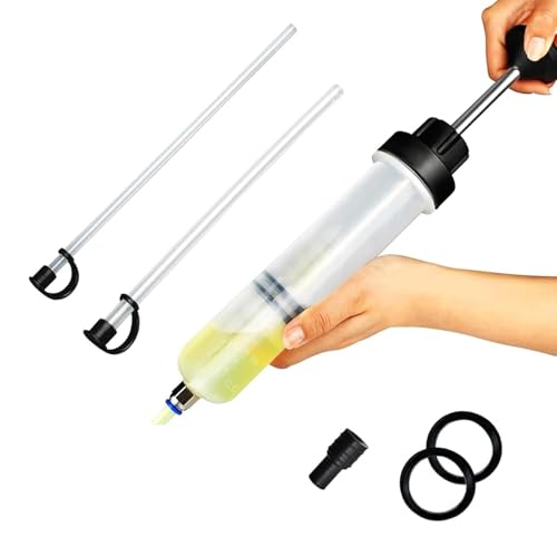 Car Power Steering Oil Extractor 200cc, Plastic Anti-aging Manual Syringe Pump with 2 Flexible Hoses, Universal Fluid Extractor for Vehicles ATVs Lawn Mowers, Brake Transmission Oil Change Tool