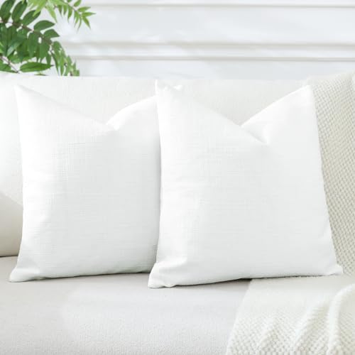 JOTOM Set of 2 Cushion Covers 45x45 cm Linen White Decorative Throw Pillow Covers 18x18 Inch Square Cushion Case Home Decor Pillowcases for Couch Sofa Living Room Bed (White)