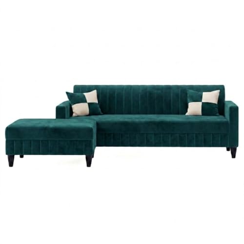 Image of FURNY Gracina 5 Seater L Shape Sofa Set with Movable Ottoman | Flexible Left or Right Layout | Plush Velvet Fabric (Greenish Teal) | Perfect for Living Room, Guest Room & Office