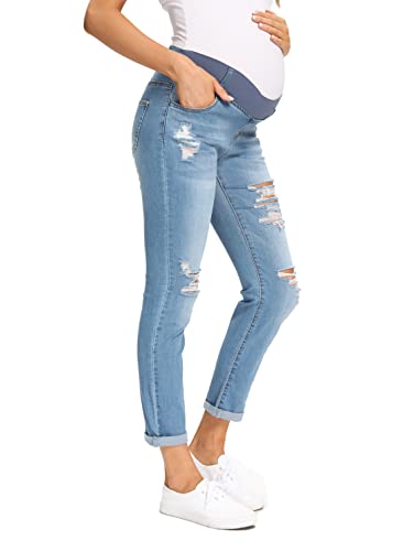 Foucome Women's Maternity Ripped Boyfriend Jeans Distressed Jeans Stretch Jeans With Hole (Blue, M) #TOP3
