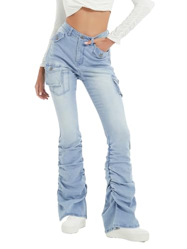 Women's Stacked Flare Jeans Mid Rise Denim Bootcut Stretchy Denim Cargo Pants Trousers with Pockets