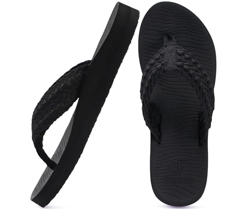 COFACE Womens Orthopedic Flip Flops Comfortable Orthotic Arch Support Sandals Open Toe Soft Cushion Recovery Plantar Fasciitis 2025 Summer Walking Slip On Ladies Flip Flops for Woman Black Size 6