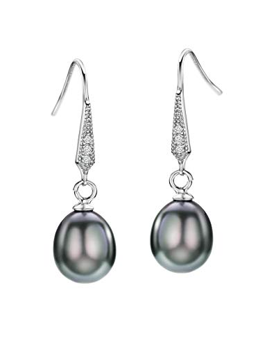 Black Freshwater Pearl Earrings Dangle Drop Earrings Sterling Silver Diamond Accented Fine Jewelry For Women