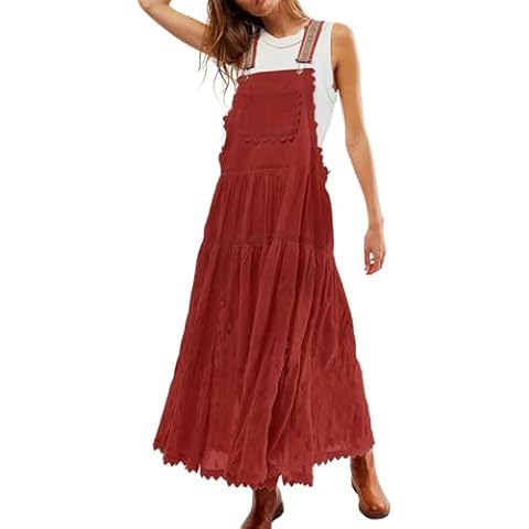 Women's Casual Lace Embroidered Maxi Dress Adjustable Strap Pleated Tiered Swing Long Dress with Pockets (Small,Red) Cover