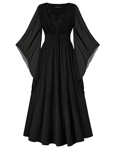 Damen Vintage Kleid mit Schlitz 3/4 Glockenärmel Hohe Taille Lace-up vorne Piraten Kleider Schwarz XXL
