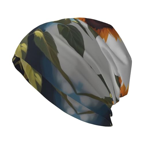 WHJSSF Gorro de punto de moda para adultos, óleo sobre lienzo, estampado de girasol, elástico, cómodo para actividades al aire libre y viajes, color negro