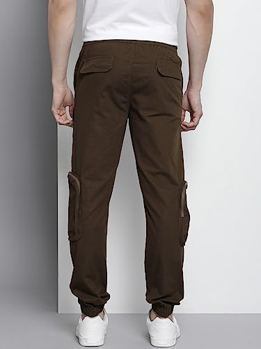 Image of The Indian Garage Co Men Regular Fit Solid Mid-Rise Elasticated Cuffed Cargo Joggers