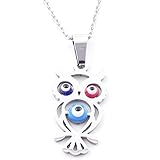 Colgante de diseño con Ojo Turco multicolor y con forma esotérica de Buho; hecho en Acero Inoxidable. Incluye una cadena de eslabones en Acero con cierre de mosquetón y largo de 50cm.