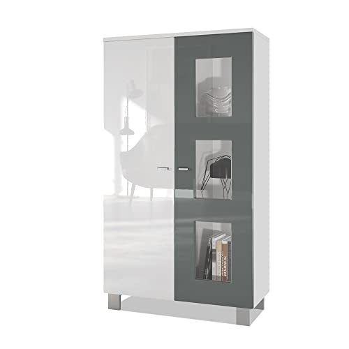 Vladon Vitrine de Salon Denjo, Vitrine sur Pied avec 2 Portes et 3 vitres, Blanc Mat/Blanc Haute Brillance/Gris Haute Brillance (71 x 129 x 35 cm)