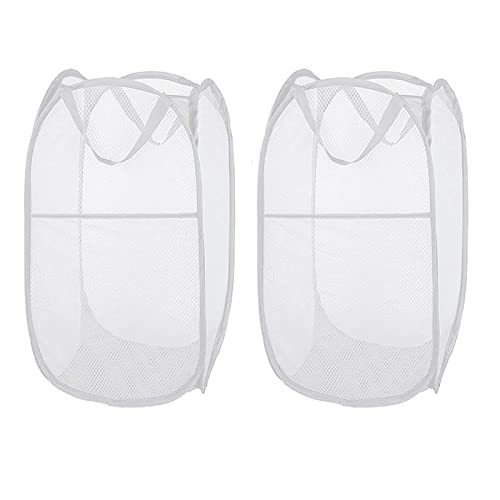 Larpur Pop Up Laundry Hampers, Portable Mesh Laundry Baskets, Collapsible Clothes Laundry Bin for Bedroom, Travel, Bathroom, College Dorm, White - 2 Pack