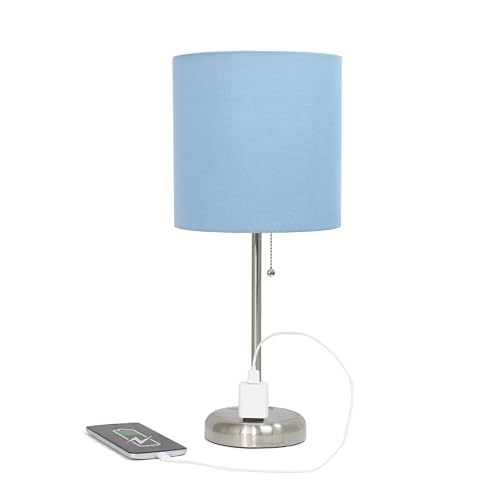 Simple Designs LT2024-BLU-2PK Two Pack Brushed Steel Stick Table Desk Lamp Set with Charging Outlet and Drum Fabric Shade for Living Room, Hallway, Nightstand, Office, Blue Shade