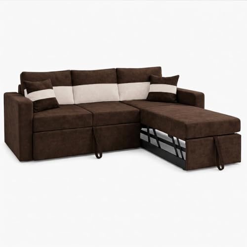Image of FURNY Soria 4 Seater RHS Lounger Sofa Cum Bed (Dark Brown - Cream) with Pull-Out Function | Luxury Velvet Suede Finish | Durable Comfort | Ideal for Living Room