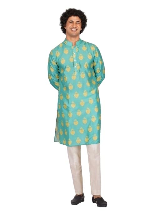Lookmark Men's Cotton Blend Printed Long Kurta Suitable For All Indian Wedding, Occasions, And Festivals (Az-Lm-Og-Kurta 28-M) Rama