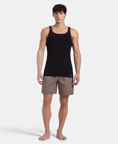 Image of Jockey US54 Men's Super Combed Cotton Rib Square Neckline Gym Vest with Back Panel Graphic Print (Shoulder Starp Color May Vary)