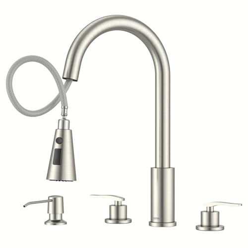 DAYONE 2 Handle Kitchen Faucet with Pull Down Sprayer, 3 Hole Sink Faucets with Separate Handle for Kitchen RV Laundry Bar, 3 Modes, SUS304 Stainless Steel, Brushed Nickel