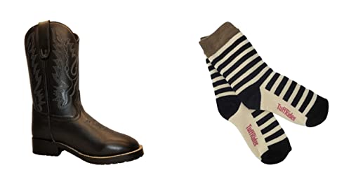 TuffRider Children's Badlands Square Toe Western Boot- Black w/Light Blue-With Free Assorted Striped Socks