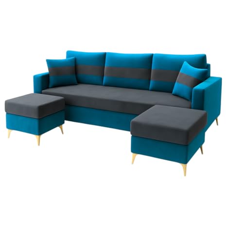 Image of SOCOZI Bravelle 5 Seater L Shape Sofa Set with 2 Movable Ottomans | Flexible Layout | Soft Velvet Suede Fabric|Modern Sofa with Golden Legs | Plush Comfort Cushions for Living Room (Teal Blue-Grey)