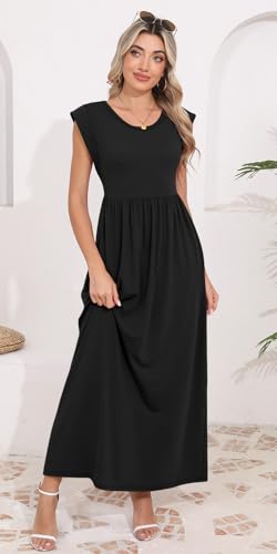 Image of DB MOON Womens 2026 Maxi Dresses Empire Waist Long Summer Dress Casual Cap Short Sleeve Sundress with Pockets