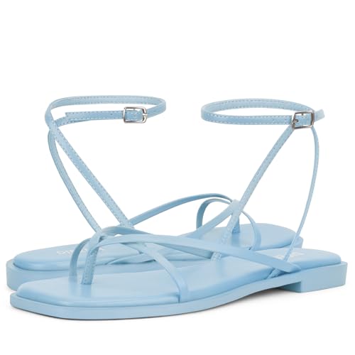 Image of Womens Flats Sandals Square Toe Strappy Ankle Strap Flats