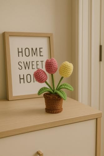 Image of Clapjoy Handmade Crochet Tulip Flower Pot - 3 Wool Flowers (2 Pink, 1 Yellow) in Brown Pot | Home Decor | Gifting Item for Girls, Women, Kids | Soft Toy Plant for Table or Desk