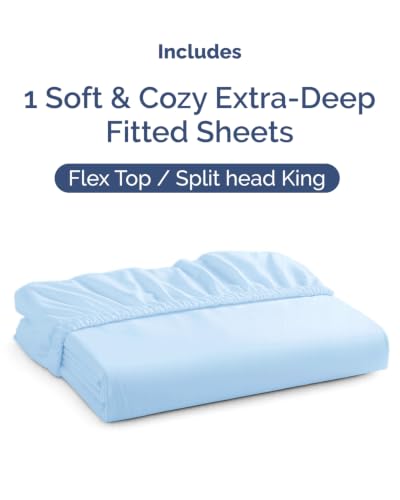 Image of Extra Deep Flex Top Split Head King Fitted Sheet - Hotel Luxury Single Fitted Sheet Only - Easily Fits 18 inch to 24 inch Mattress - Ultra Soft, Wrinkle Free w /Extra Deep Pockets - Light Blue