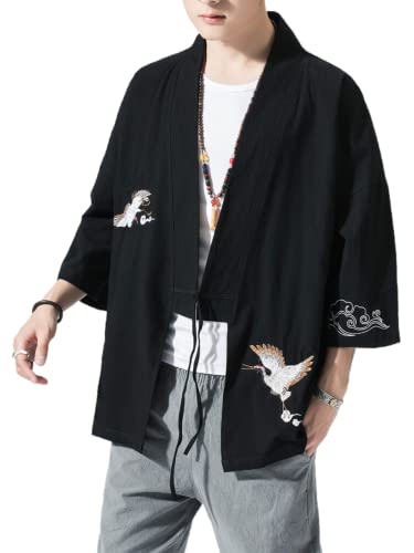 Image of Men's Japanese Kimono Cardigan Loose Cotton Linen 3 /4 Sleeve Open Front Casual Summer Shirt Jackets