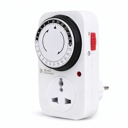 Image of Blackt Electrotech BT41PM 24 Hour Plug-in Mechanical Timer Switch (10 Amp, 230V) - Programmable Analog Timer Socket for Lamps, Aquariums, and Home Appliances - 15 Minute Intervals