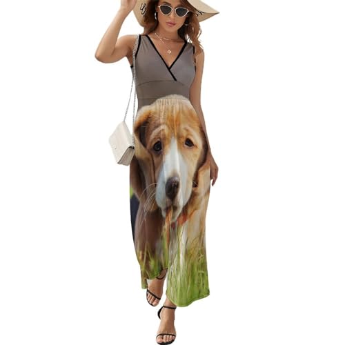 Robe longue d'été col V sans manches - Robe maxi décontractée de plage nuance chiot brun