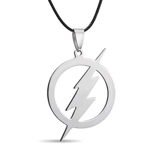 Stainless Steel Superhero Lightning Round Flash Pendant Necklace Leather Chain (Flash necklace)