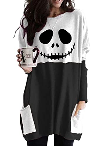 Minetom Halloween Shirts Kleid Für Frauen Langarm Pullover Tops Sweatshirt Kürbis Totenkopf Grafik Oversized Blusen C2 Schwarz L