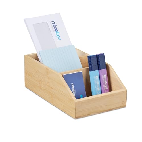 Relaxdays Schreibtisch Organizer, Bambus Ordnungssystem, 3 Fächer, H x B x T: 9 x 15,5 x 25,5 cm, Schreibtischbox, Natur