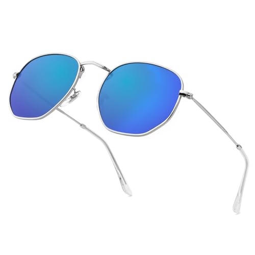 MMOWW Gafas de Sol Para Mujere Hombre Polarizadas Ultraligero Moda Marco de Metal Hexagonal Gafas de Sol Mujer Protección UV400 (Plata - Azul)