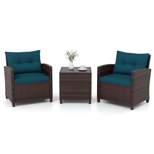 GIANTEX Conjunto de Muebles Jardín, 3 Piezas de Ratán, 2 Sillones con Cojines y 1 Mesa de Centro con Tablero de Vidrio, Muebles de Exterior para Terraza, Patio (Azul Oscuro)