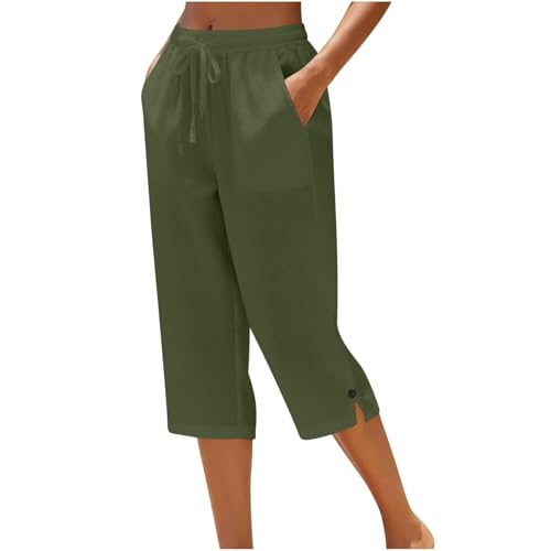 Ladies Cropped Trousers - Capri Pants for Women UK Petite Comfy Summer Three Quarter Length Trousers Stretchy Drawstring Waist Straight Leg Lounge Yoga Beach Capris Pants with Pockets Army Green