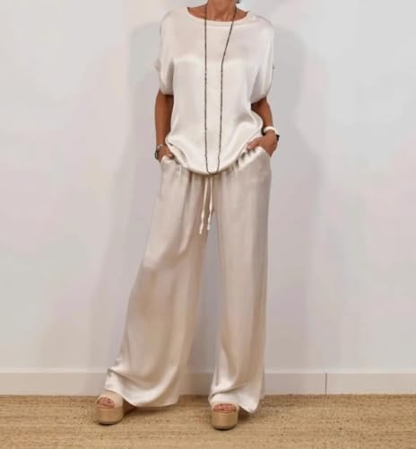 Women's Spring Casual Solid Color Satin 2 Piece Suit, Women's Satin Two Piece Suit, Short-Sleeved Top Wide-Leg Pants4