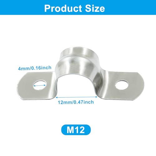 Image of 25 Pack M12 Rigid Pipe Strap, 12mm, Silver | Stainless Steel, Two Hole Cable Strap, U Bracket Conduit Clamp, Suitable for Less than 1 /2 Inch, For Fixing Tube, Cable, Pipe